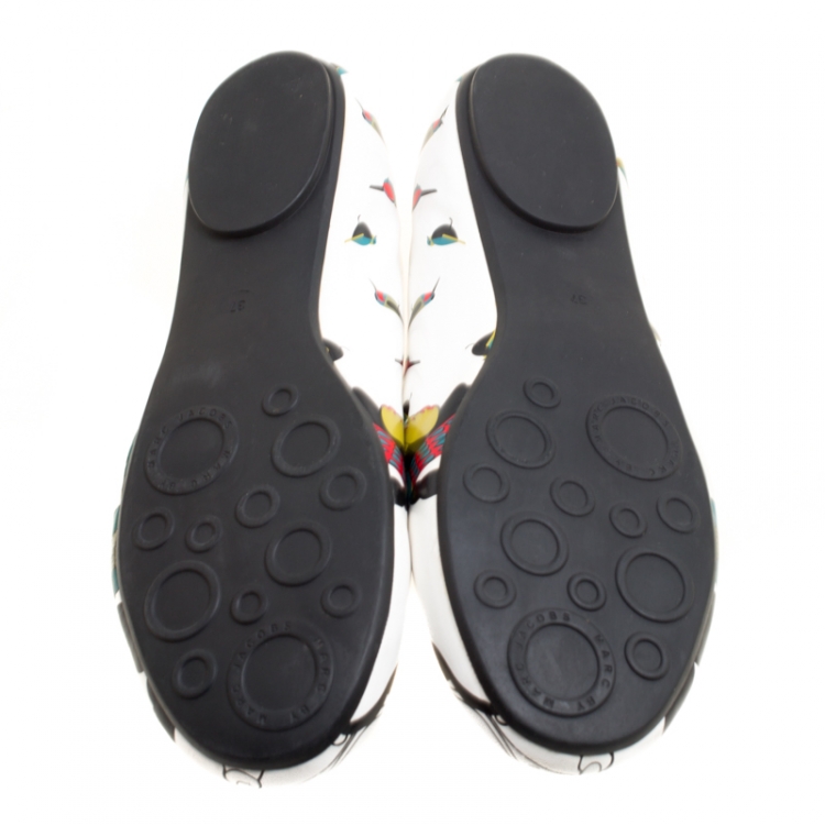Pre Owned Marc by Marc Jacobs White Multicolor Bird Printed Leather Round Toe Ballet Flats Size 37