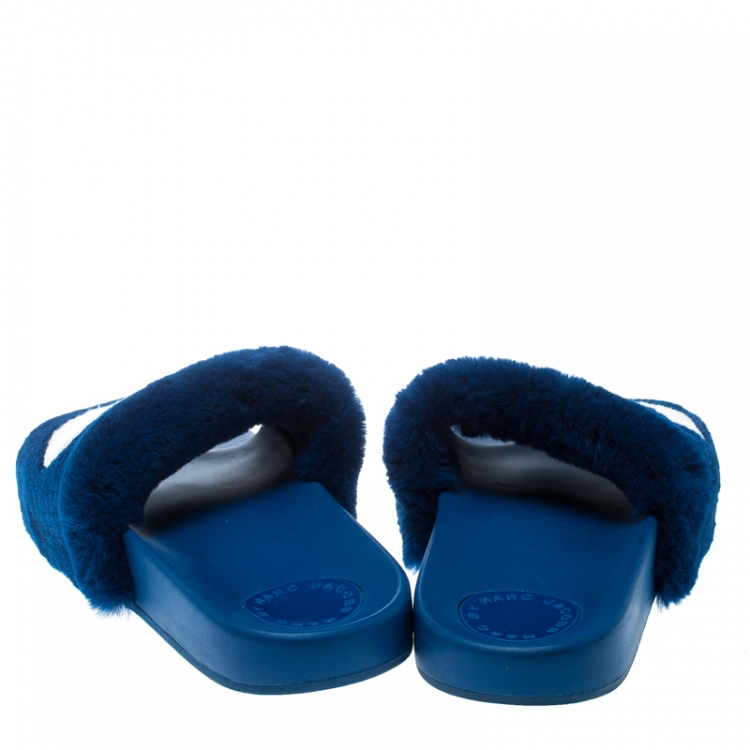 Pre Owned Marc By Marc Jacobs Blue Rabbit Fur Dot Flat Slides Size 36