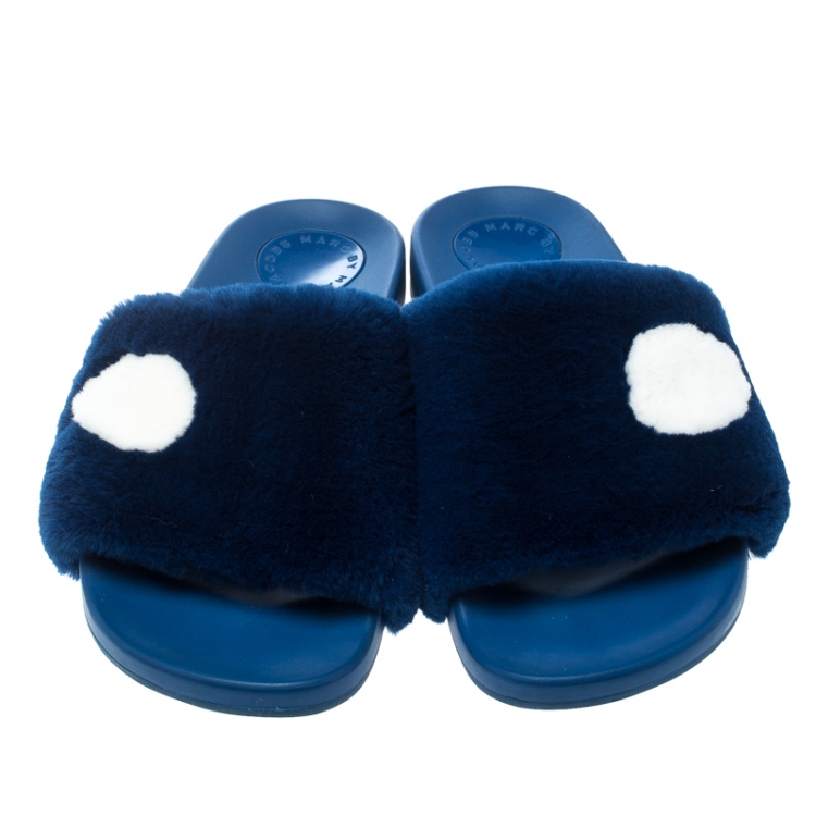 Pre Owned Marc By Marc Jacobs Blue Rabbit Fur Dot Flat Slides Size 36