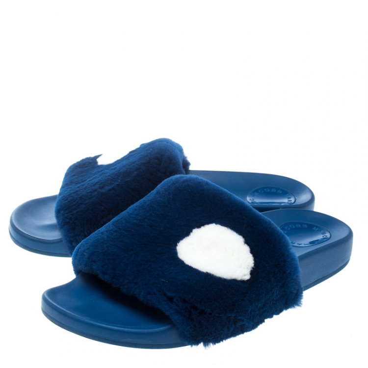 Pre Owned Marc By Marc Jacobs Blue Rabbit Fur Dot Flat Slides Size 36
