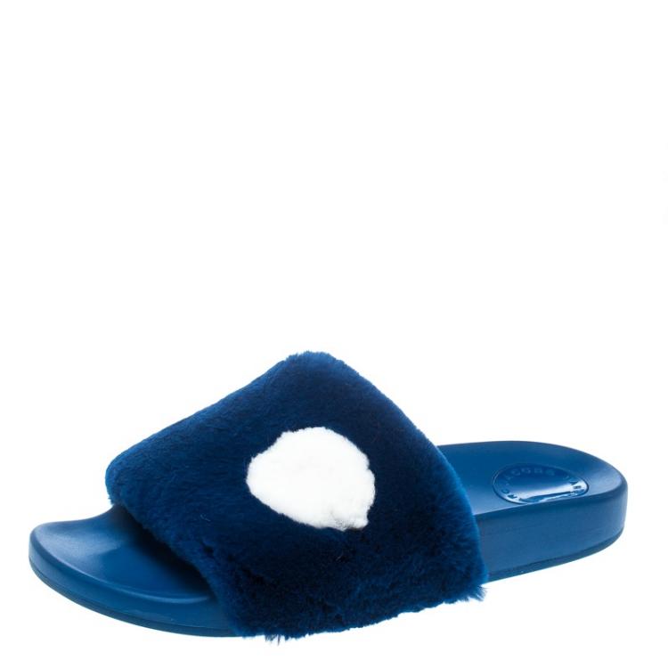 Pre Owned Marc By Marc Jacobs Blue Rabbit Fur Dot Flat Slides Size 36