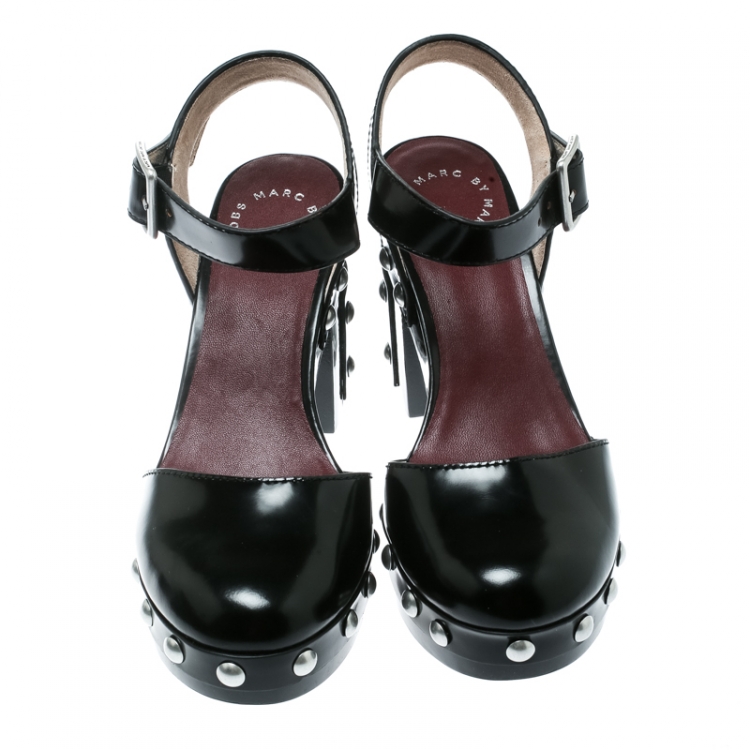 Pre Owned Marc by Marc Jacobs Black Leather Kiki Ankle Strap Platform Clogs Size 38