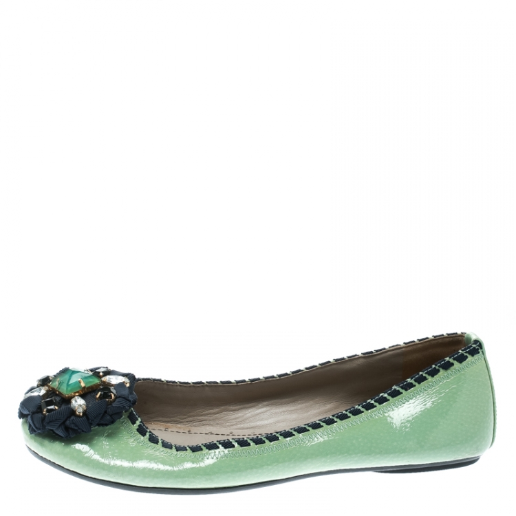Pre Owned Marc by Marc Jacobs Green Patent Leather Embellished Round Toe Ballet Flats Size 36