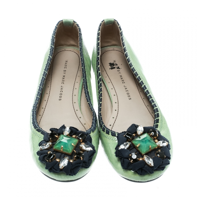 Pre Owned Marc by Marc Jacobs Green Patent Leather Embellished Round Toe Ballet Flats Size 36