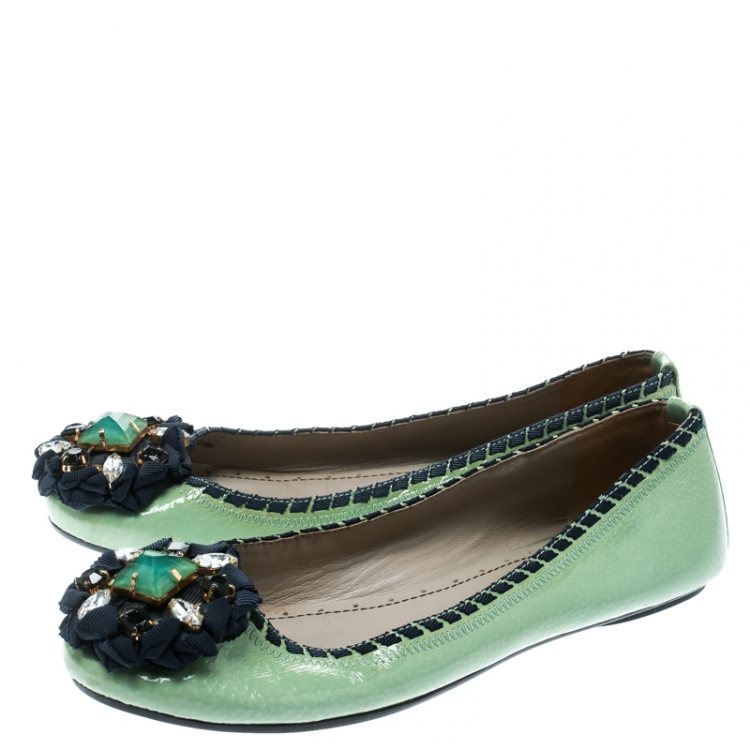 Pre Owned Marc by Marc Jacobs Green Patent Leather Embellished Round Toe Ballet Flats Size 36