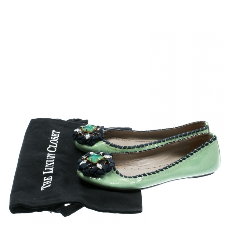 Pre Owned Marc by Marc Jacobs Green Patent Leather Embellished Round Toe Ballet Flats Size 36