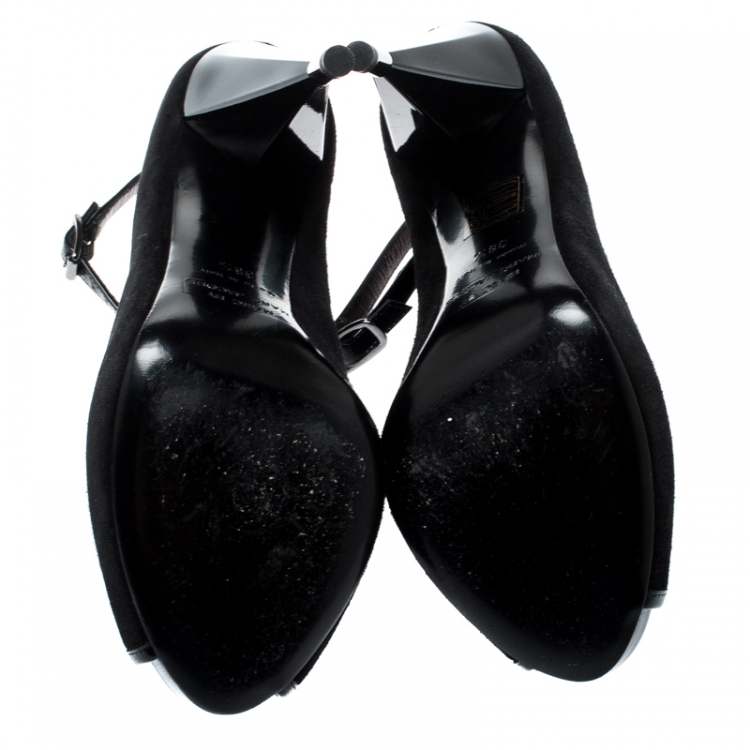 Pre Owned Marc by Marc Jacobs Black Suede And Patent Leather Trim Peep Toe Ankle Strap Pumps Size 38.5