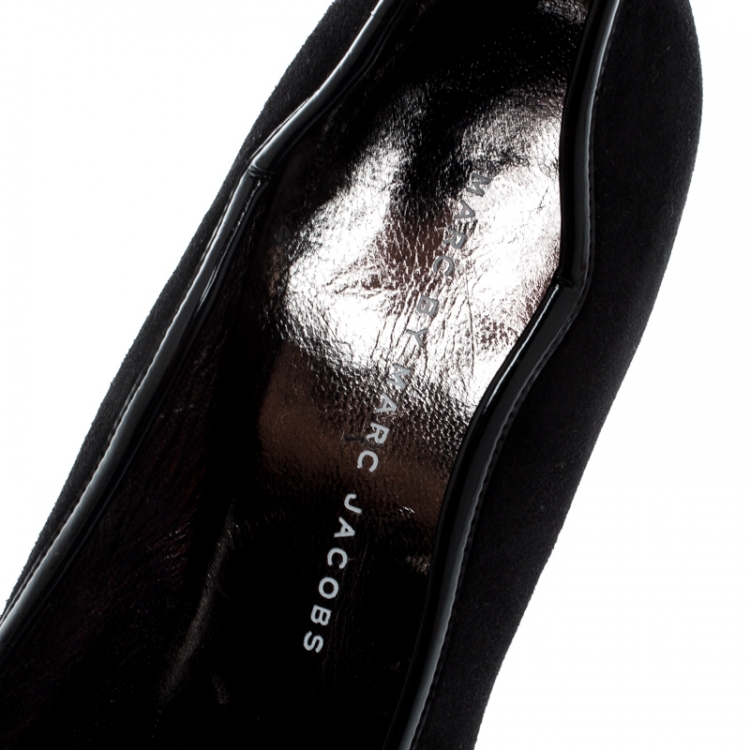 Pre Owned Marc by Marc Jacobs Black Suede And Patent Leather Trim Peep Toe Ankle Strap Pumps Size 38.5