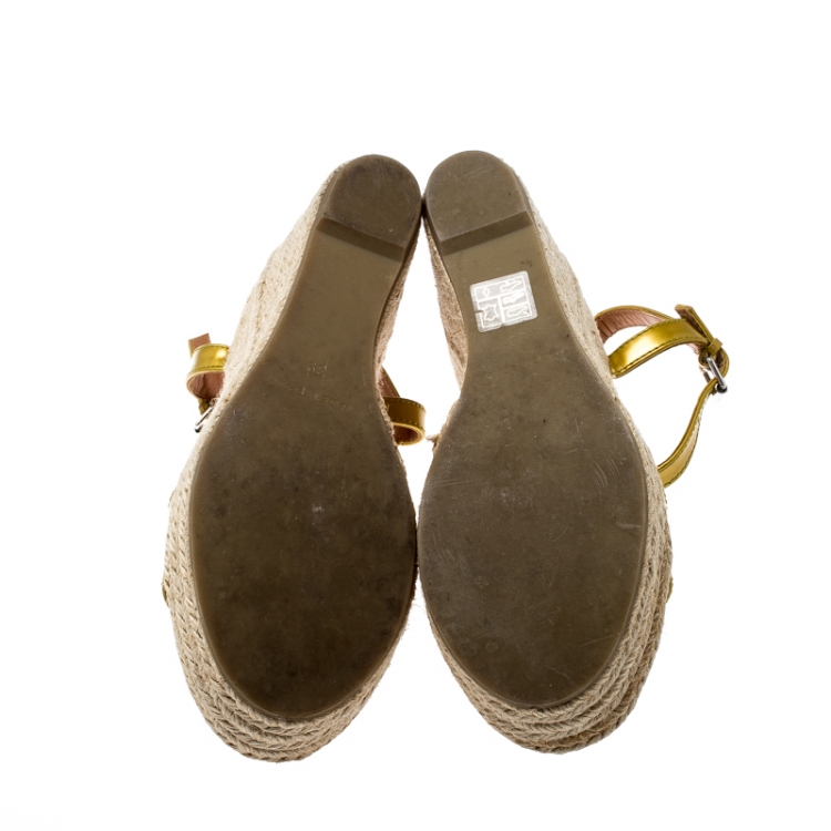 Pre Owned Marc by Marc Jacobs Yellow Patent Leather Stars And Hearts Espadrille Wedge Sandals Size 39