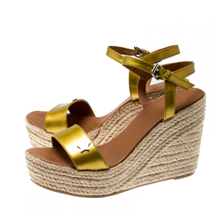 Pre Owned Marc by Marc Jacobs Yellow Patent Leather Stars And Hearts Espadrille Wedge Sandals Size 39