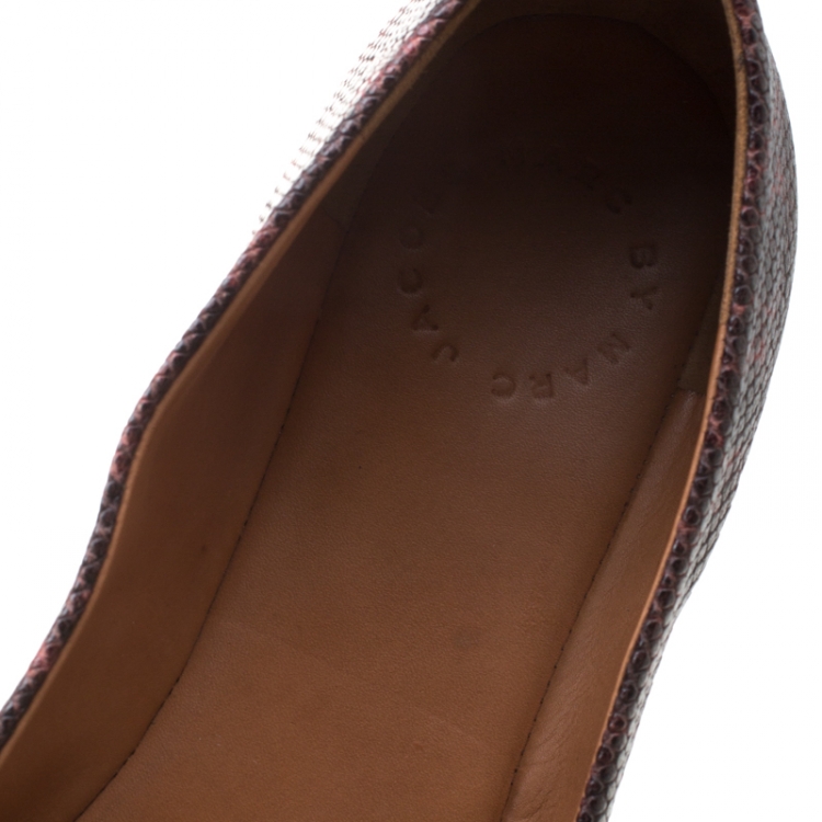Pre Owned Marc by Marc Jacobs Burgundy Embossed Lizard Leather Tuxedo Logo Ballet Flats Size 38.5