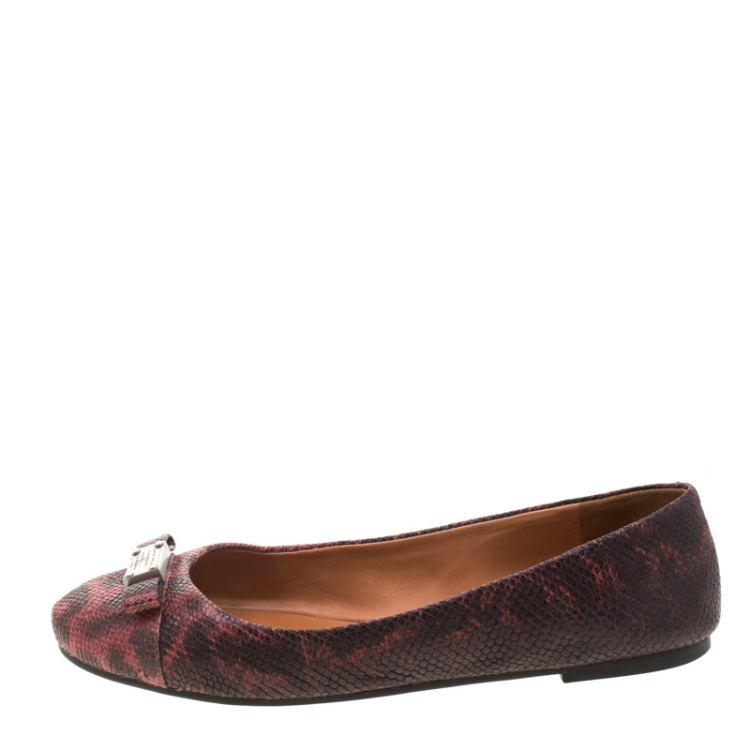 Pre Owned Marc by Marc Jacobs Burgundy Embossed Lizard Leather Tuxedo Logo Ballet Flats Size 38.5
