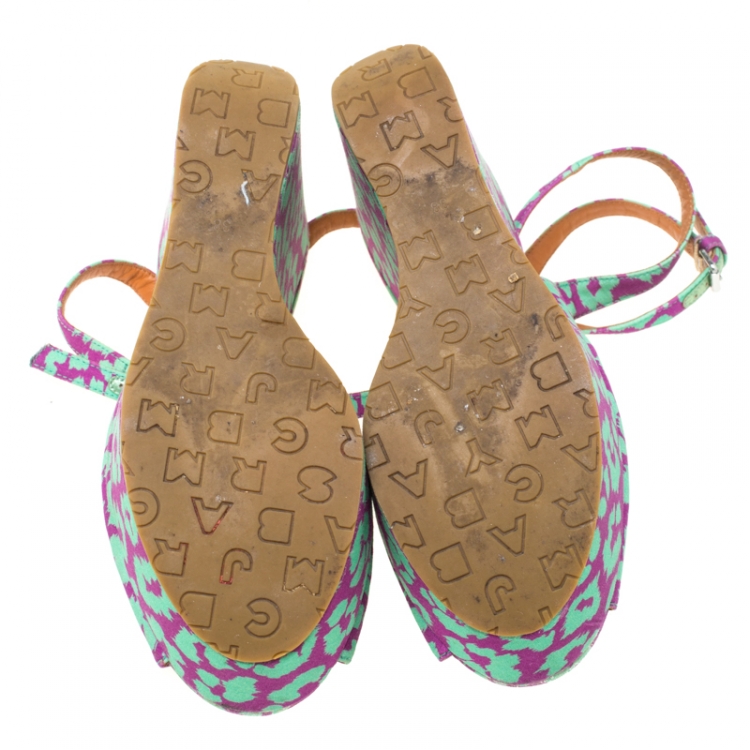 Pre Owned Marc by Marc Jacobs Multicolor Animal Print Fabric Peep Toe Ankle Wrap Platform Wedge Sandals Size 38