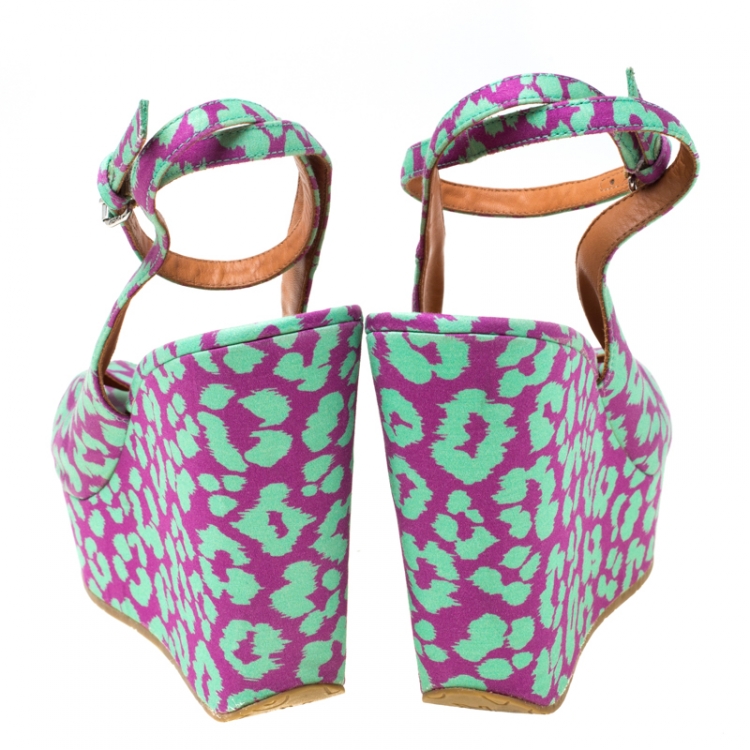 Pre Owned Marc by Marc Jacobs Multicolor Animal Print Fabric Peep Toe Ankle Wrap Platform Wedge Sandals Size 38