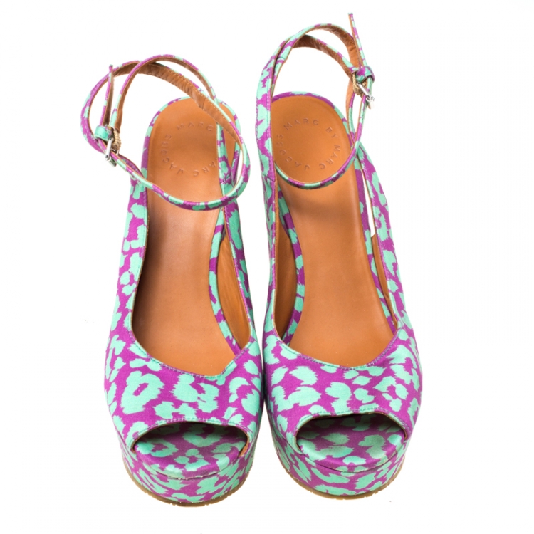 Pre Owned Marc by Marc Jacobs Multicolor Animal Print Fabric Peep Toe Ankle Wrap Platform Wedge Sandals Size 38