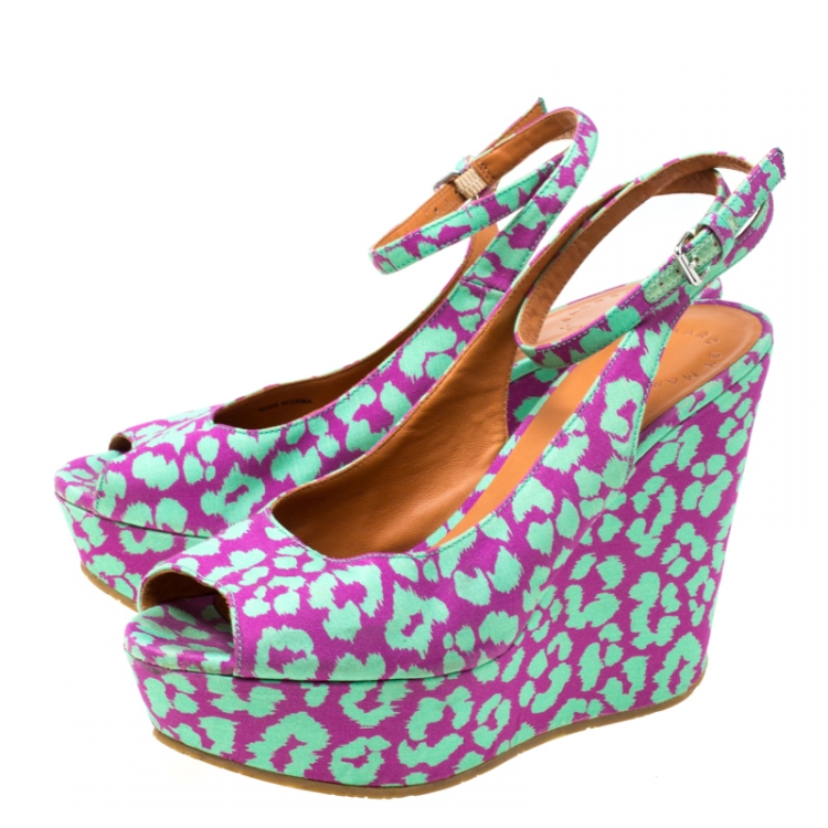 Pre Owned Marc by Marc Jacobs Multicolor Animal Print Fabric Peep Toe Ankle Wrap Platform Wedge Sandals Size 38