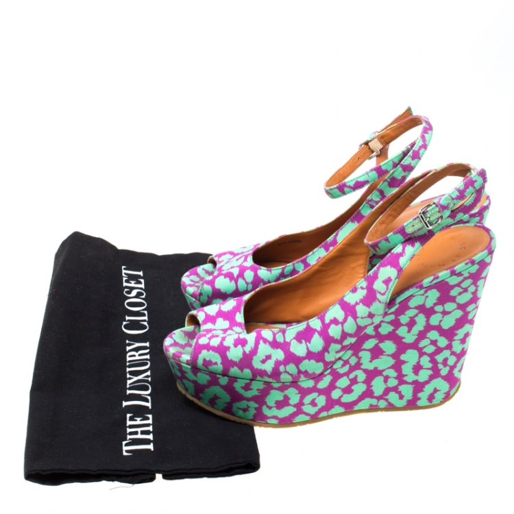 Pre Owned Marc by Marc Jacobs Multicolor Animal Print Fabric Peep Toe Ankle Wrap Platform Wedge Sandals Size 38