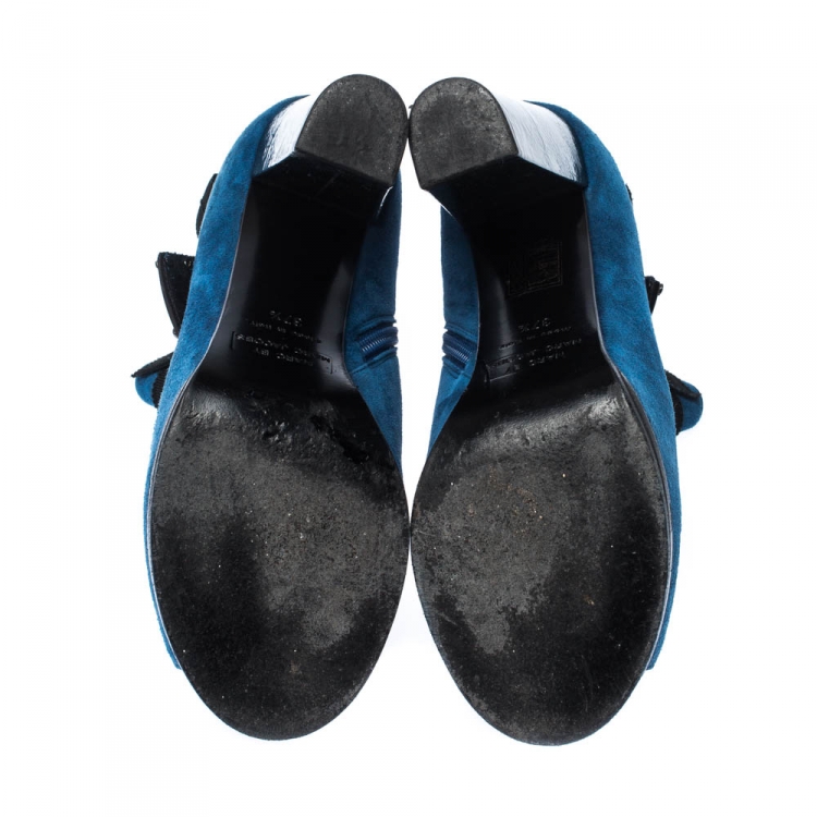 Pre Owned Marc By Marc Jacobs Blue/Black Suede Bow Detail Peep Toe Booties Size 37.5