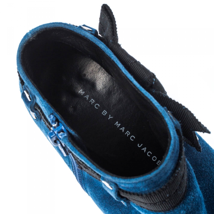Pre Owned Marc By Marc Jacobs Blue/Black Suede Bow Detail Peep Toe Booties Size 37.5
