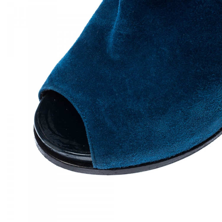 Pre Owned Marc By Marc Jacobs Blue/Black Suede Bow Detail Peep Toe Booties Size 37.5