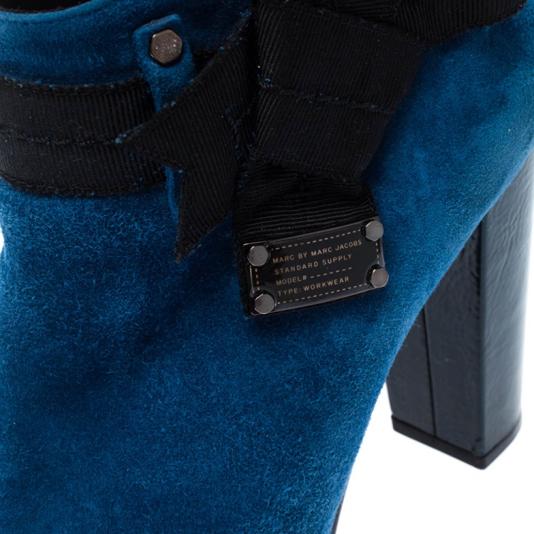 Pre Owned Marc By Marc Jacobs Blue/Black Suede Bow Detail Peep Toe Booties Size 37.5