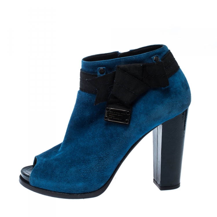Pre Owned Marc By Marc Jacobs Blue/Black Suede Bow Detail Peep Toe Booties Size 37.5