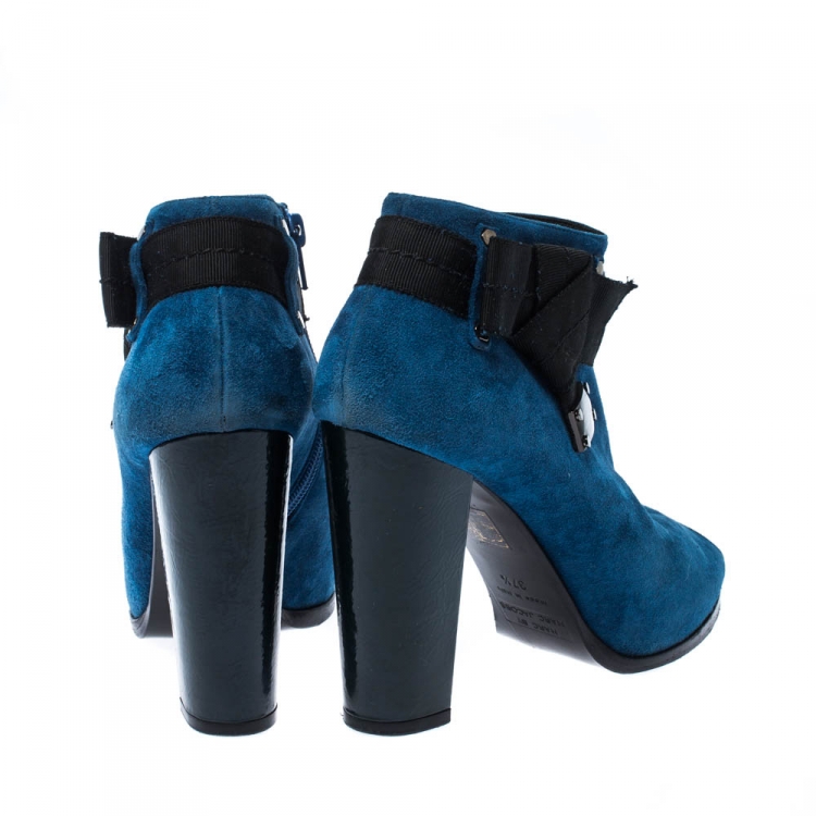 Pre Owned Marc By Marc Jacobs Blue/Black Suede Bow Detail Peep Toe Booties Size 37.5