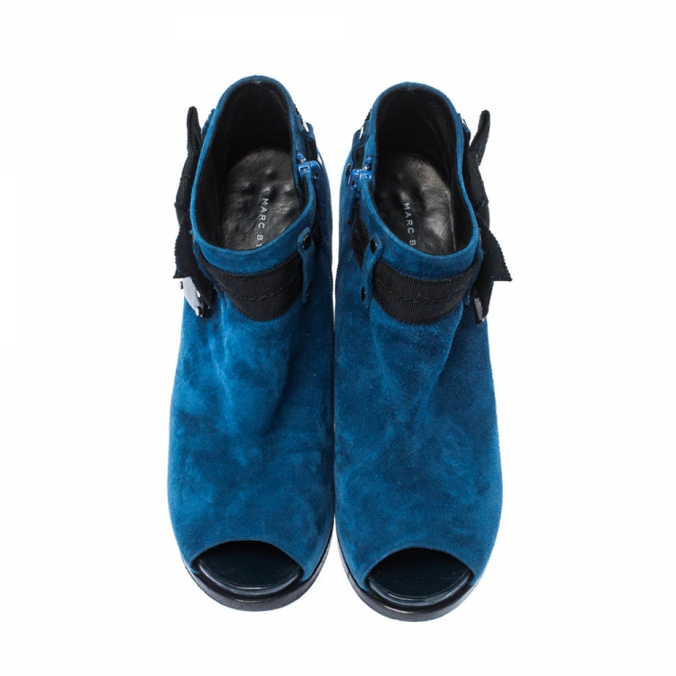 Pre Owned Marc By Marc Jacobs Blue/Black Suede Bow Detail Peep Toe Booties Size 37.5