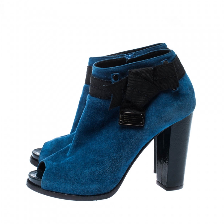 Pre Owned Marc By Marc Jacobs Blue/Black Suede Bow Detail Peep Toe Booties Size 37.5