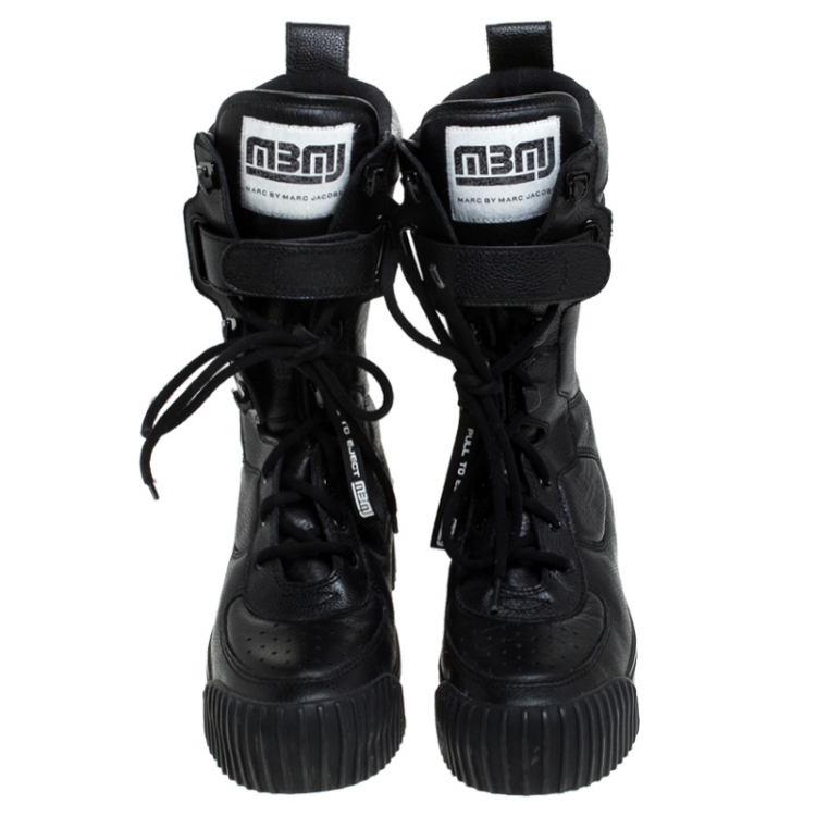 Pre Owned Marc by Marc Jacobs Black Leather Lace Up Mid Calf Boots Size 38