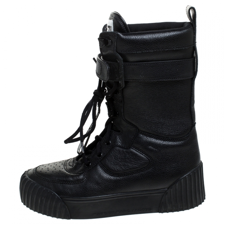 Pre Owned Marc by Marc Jacobs Black Leather Lace Up Mid Calf Boots Size 38
