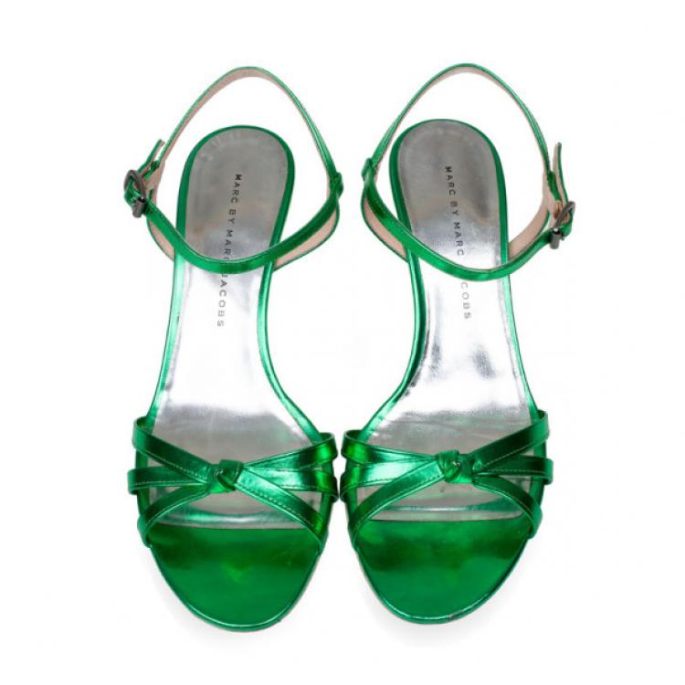Pre Owned Marc by Marc Jacobs Green Metallic Leather Low Heeled Sandals Size 37.5