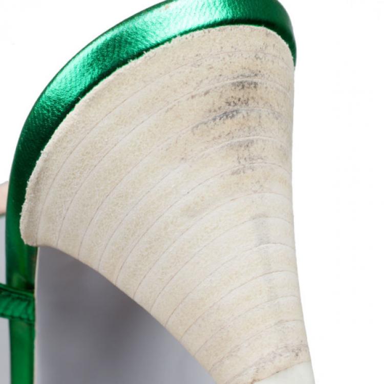 Pre Owned Marc by Marc Jacobs Green Metallic Leather Low Heeled Sandals Size 37.5