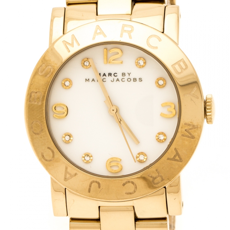 Pre Owned Marc by Marc Jacobs White Yellow Gold Plated Stainless Steel Amy MBM3056 Women's Wristwatch 36 mm
