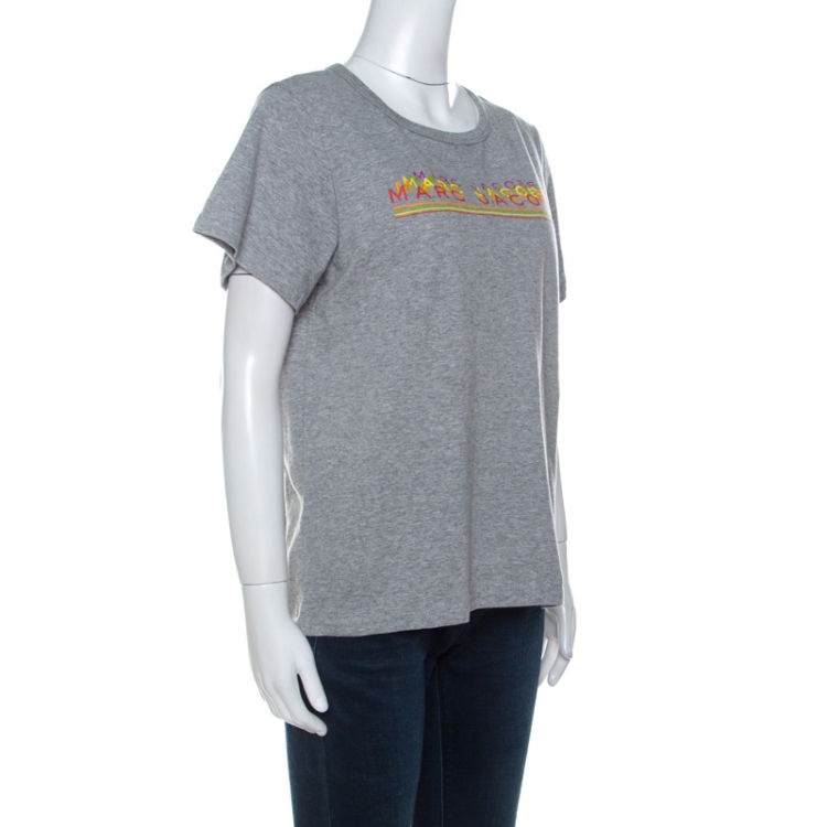 Pre Owned Marc Jacobs Grey Cotton Repeated Logo Print T Shirt L 