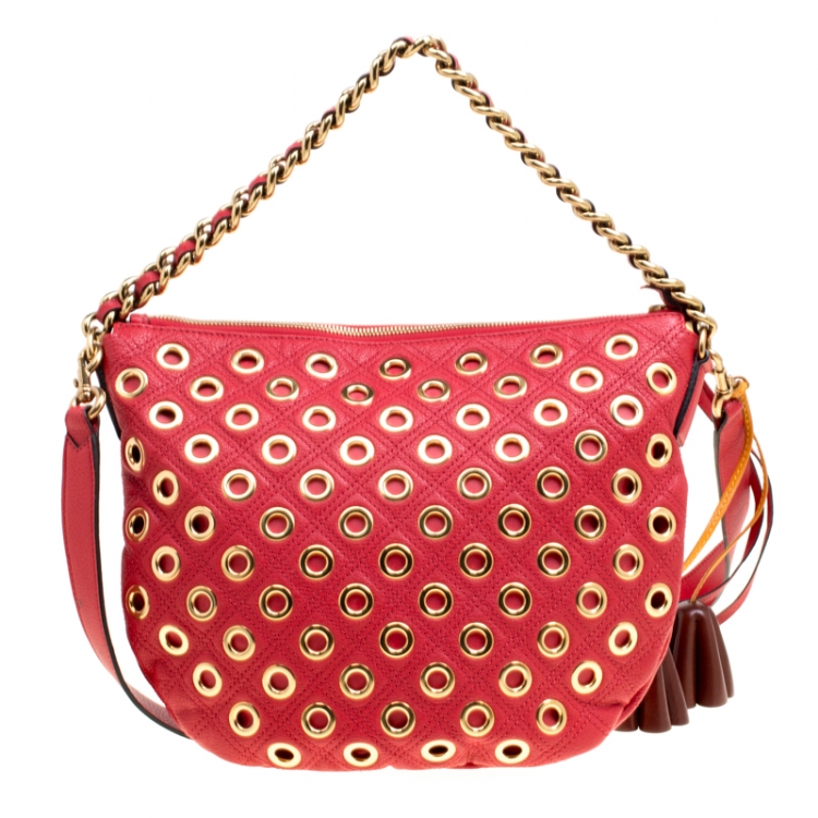 Pre Owned Marc Jacobs Red Quilted Eyelets Leather Small Nomad Hobo