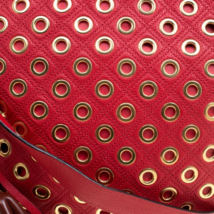 Pre Owned Marc Jacobs Red Quilted Eyelets Leather Small Nomad Hobo