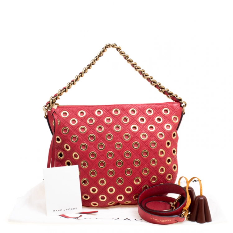 Pre Owned Marc Jacobs Red Quilted Eyelets Leather Small Nomad Hobo