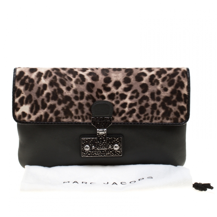 Pre Owned Marc Jacobs Black/Beige Leopard Print Calfhair and Leather Safari Vip Clutch