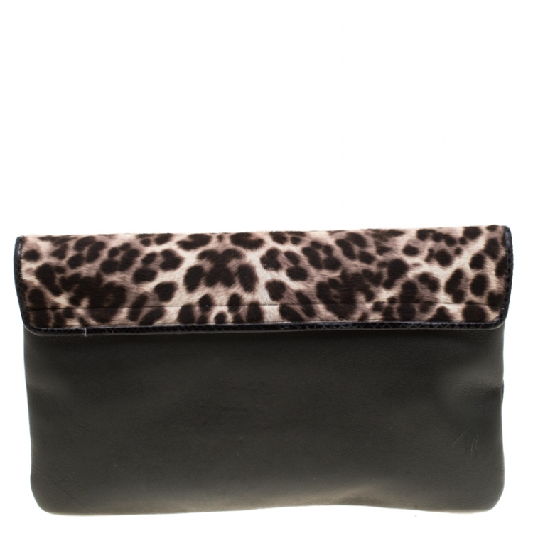 Pre Owned Marc Jacobs Black/Beige Leopard Print Calfhair and Leather Safari Vip Clutch