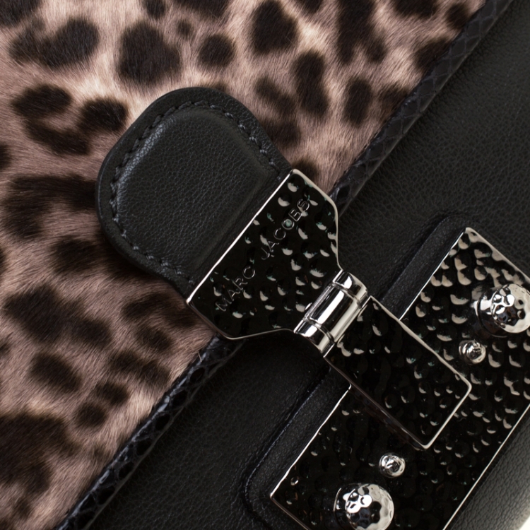 Pre Owned Marc Jacobs Black/Beige Leopard Print Calfhair and Leather Safari Vip Clutch