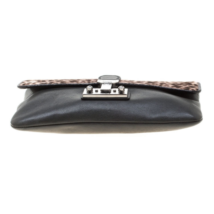 Pre Owned Marc Jacobs Black/Beige Leopard Print Calfhair and Leather Safari Vip Clutch