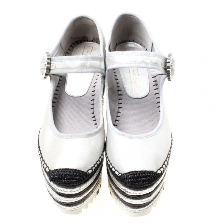 Pre Owned Marc Jacobs Metallic Silver Leather Suzi Crystal Embellished Brooch Mary Jane Espadrille Platforms Size 39
