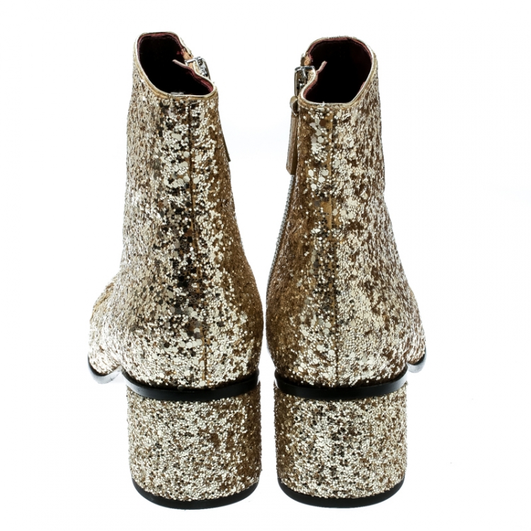Pre Owned Marc Jacobs Metallic Gold Coarse Glitter Camilla Block Heel Ankle Boots Size 37