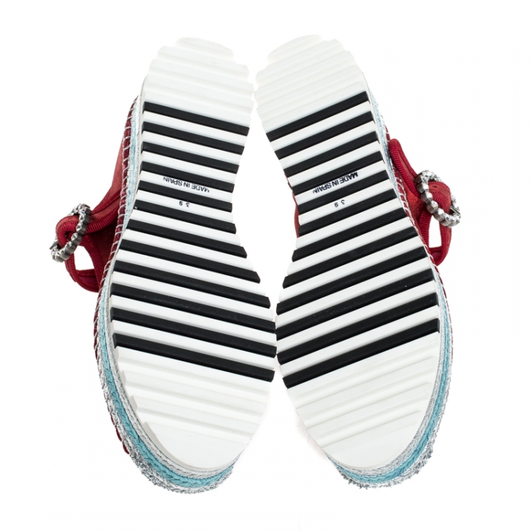 Pre Owned Marc Jacobs Metallic Red Nubuck Suzi Crystal Embellished Brooch Mary Jane Espadrille Platforms Size 39