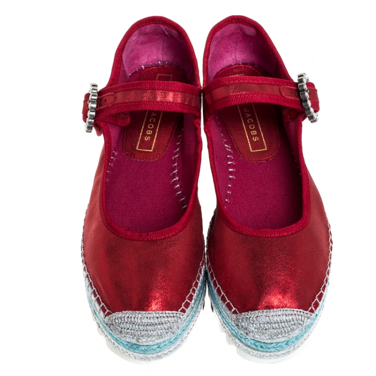 Pre Owned Marc Jacobs Metallic Red Nubuck Suzi Crystal Embellished Brooch Mary Jane Espadrille Platforms Size 39