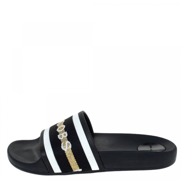 Pre Owned Marc Jacobs Monochrome Rubber Logo Web Flat Slides Size 36 