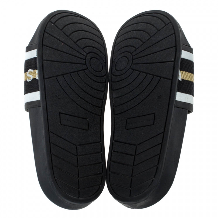 Pre Owned Marc Jacobs Monochrome Rubber Logo Web Flat Slides Size 36 