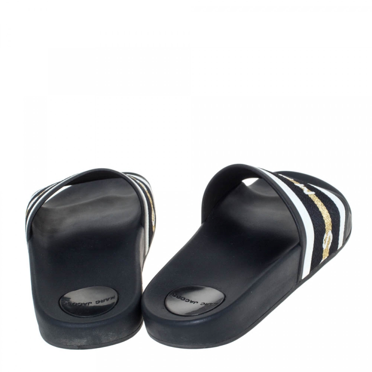 Pre Owned Marc Jacobs Monochrome Rubber Logo Web Flat Slides Size 36 