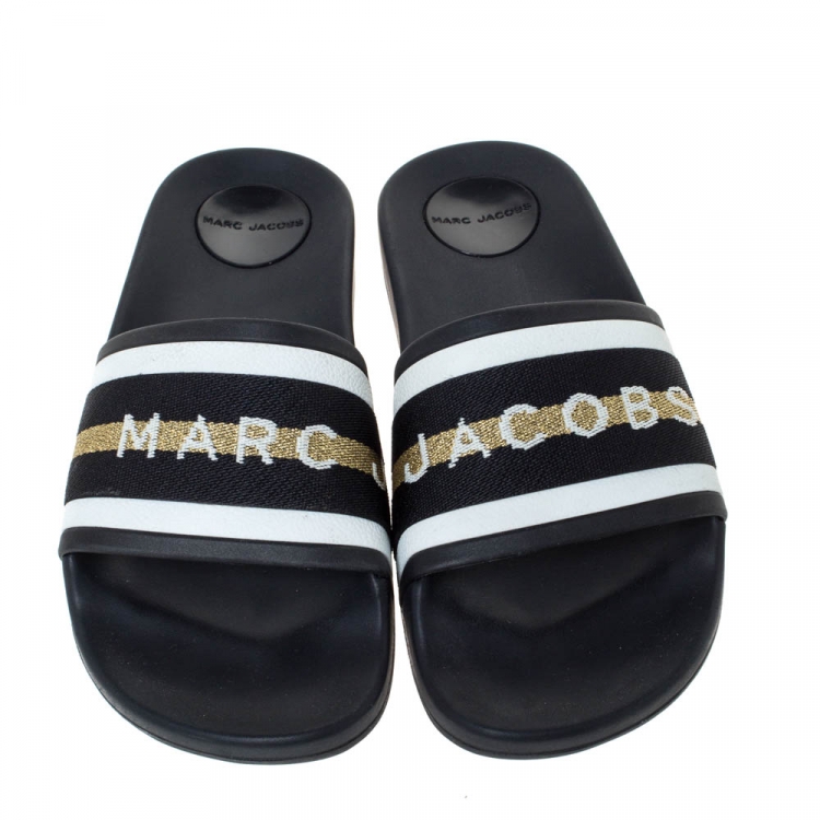 Pre Owned Marc Jacobs Monochrome Rubber Logo Web Flat Slides Size 36 